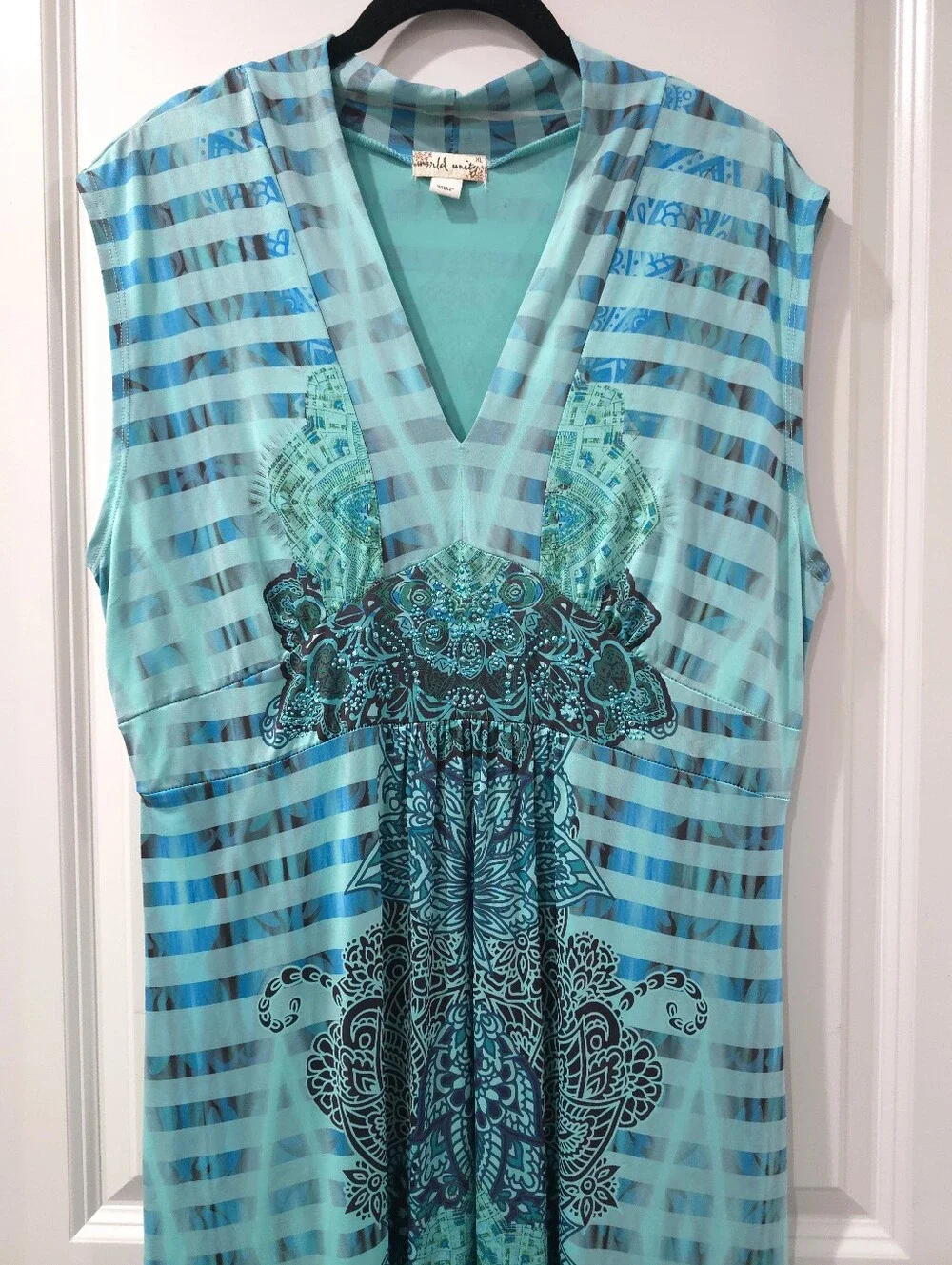 WORLD UNITY Boho Summer Resort Sleeveless V-Neck Maxi Dress, Stretchy, Size XL - Picture 3 of 15